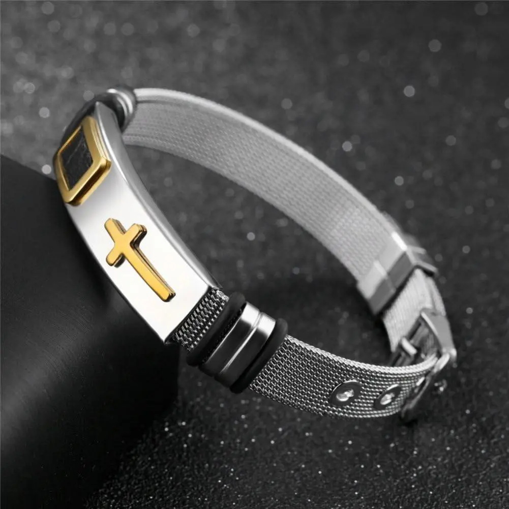 Men's Modern Bracelet, 8.66in Open-Weave Mesh Stainless Steel Band with Rubber Cross Pendant, Adjustable Dual-Lock Clasp, Bracelets, Minimizes Friction, Jewelry Bracelet