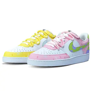 Nike Court Vision 1 Customized Sneakers for Men: Low-Top Cartoon Graffiti Design with SpongeBob Theme, Non-Slip and Durable Trending Shoes, House White Official Shoes to Get / Maison Mihara Verifiable, with credentials and supporting global authentication