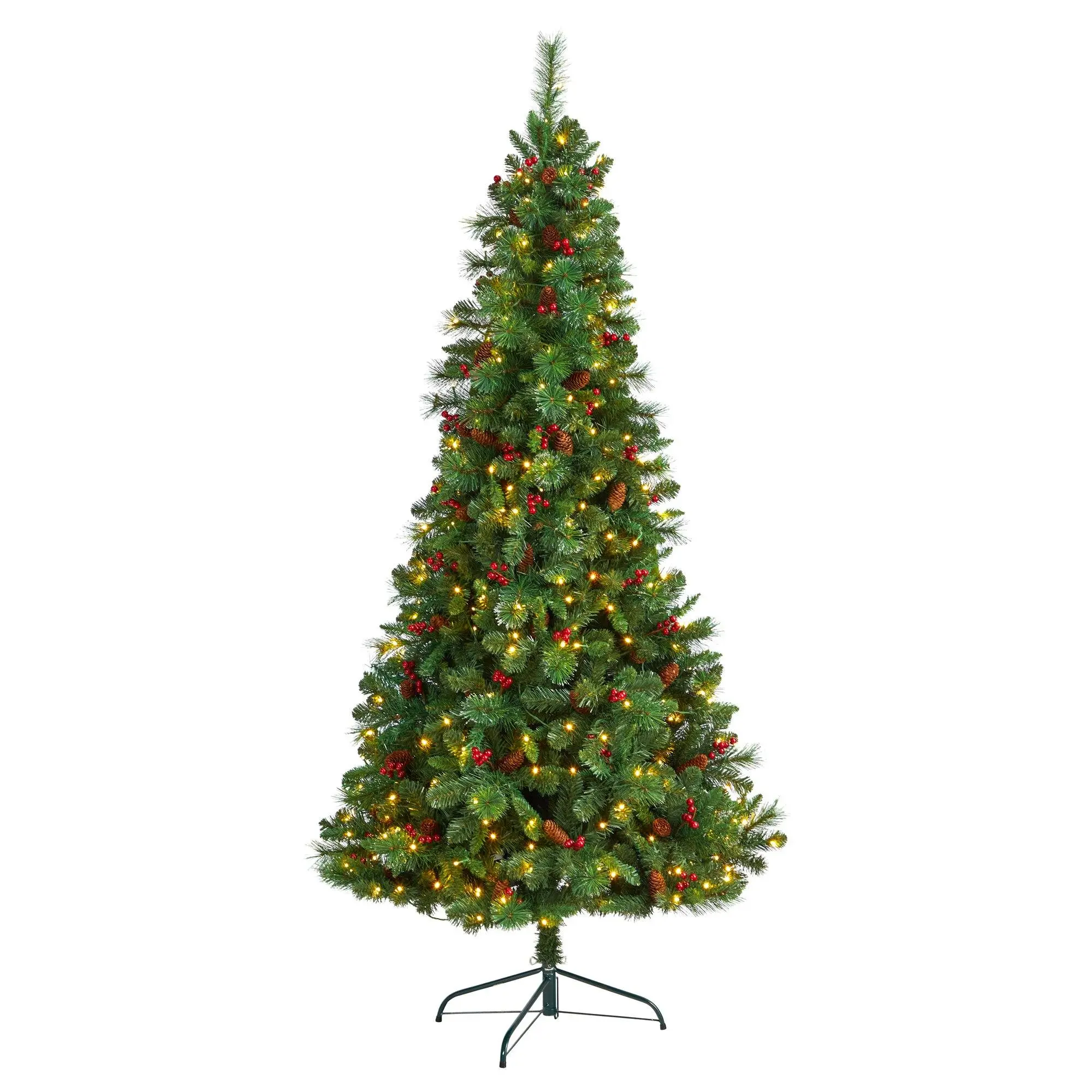 7ft Flat Back Montreal Mountain 1/2 Artificial Christmas Tree with Pine Cones, Berries, LED Lights, Ornaments - Wall-Hanging Wall-Mountable or Standing Holiday Decor for Home Festive Decoration