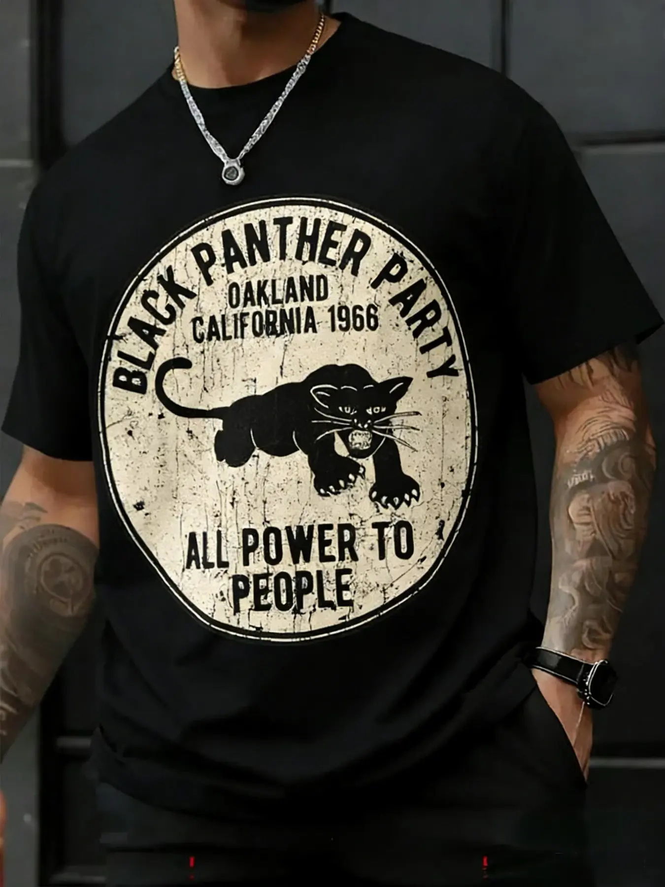 Panther Party Retro Print Short Sleeve T-Shirt, American High Street Loose Shirt, Summer Half Sleeve Top for Men