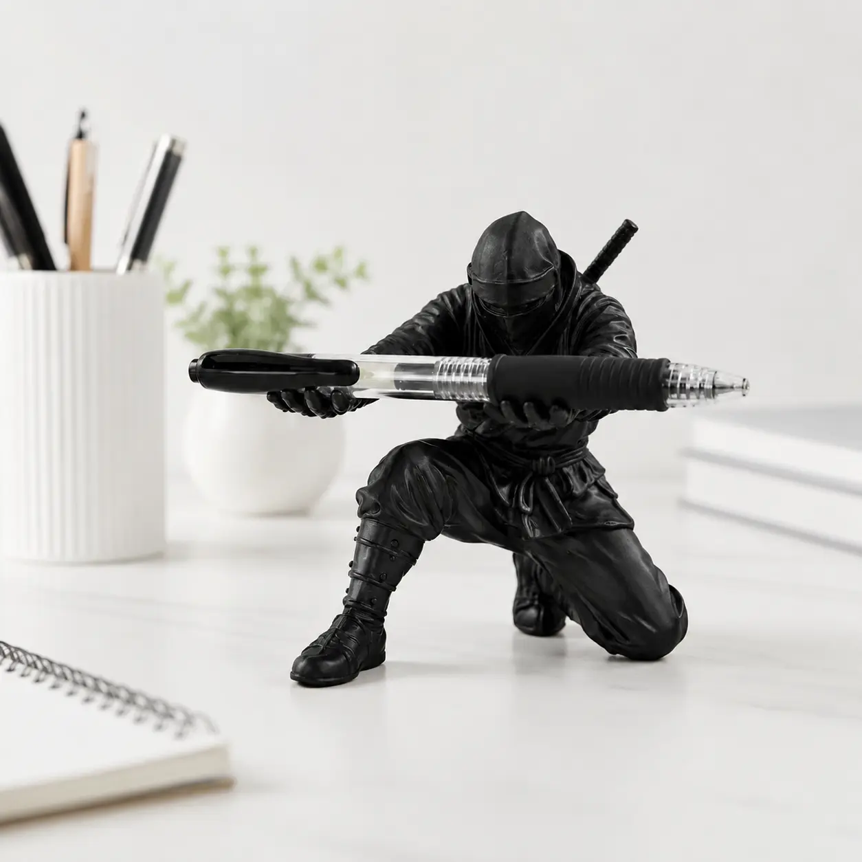 3D Printed Ninja Samurai Pen Holder, Cool Gaming Desk Decor, Pencil Organizer and Desktop Figurine, Unique Office Accessory for Gamers, Students, Anime Fans, Men, Teens, Dorm Room and Study Desk