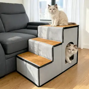 Premium Foldable Pet Stairs with Cat Condo, 2-In-1 Sturdy PP Board Dog Steps, Anti-Slip Ramp with Storage Pocket, Ideal for Small Dogs & Kittens