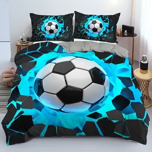 3D Football Design Bedding Set, Soft 100% Polyester, 1 Fitted Sheet and 1/2 Pillowcases, Breathable All Seasons, Digital Print, Dry Clean Only