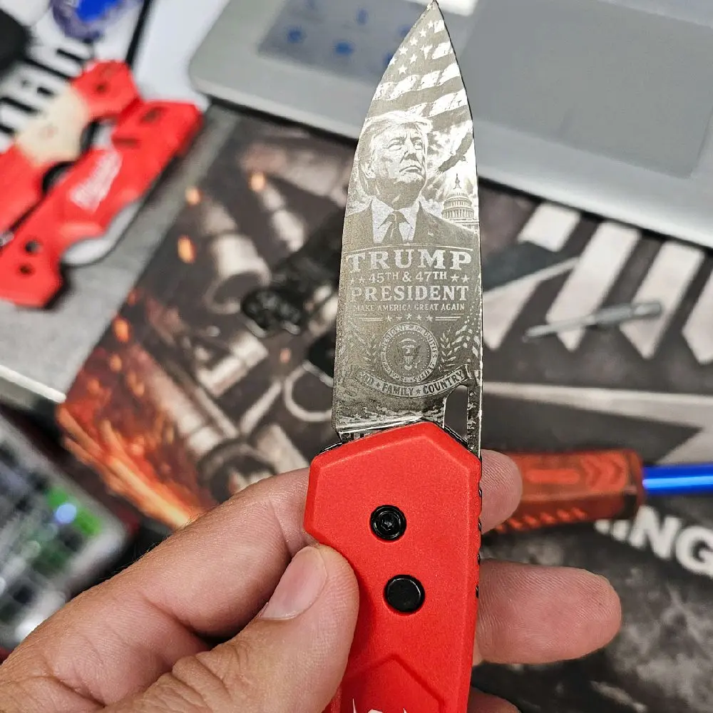 Customer laser engraved Milwaukee folding knife TRUMP DESIGN