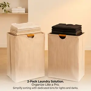 Polycotton 2-Pack Large-Capacity Square Laundry Hamper Set, Natural Wooden Handles, Foldable, Waterproof, Shape-Retaining When Empty