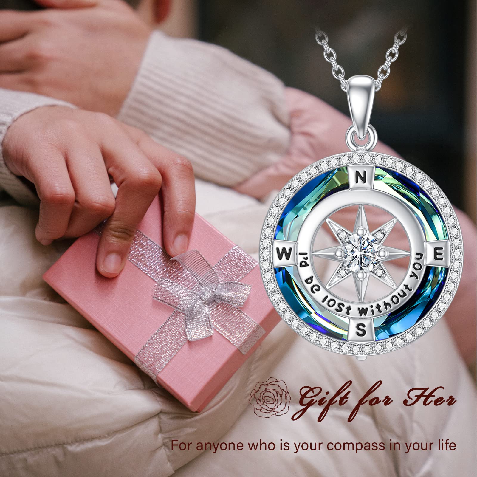 TOUPOP I'd be Lost without You Compass Necklace for Women with Created Crystal 925 Sterling Silver Compass Jewelry Anniversary Christmas Valentines Mothers Day Birthday Gifts for Wife Women Her Girlfriend Mom a0 b0