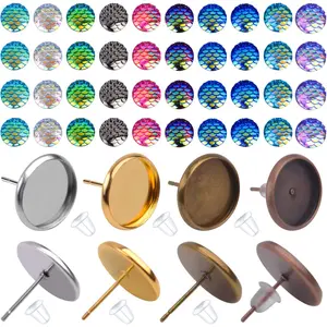 Cabochon Earring Setting, 24 Pieces Stainless Steel Bezel Stud Blanks and and 100 Pieces Fish Scale Glass Cabochons 24 Pieces Bullet Earring Backs for Earring Making