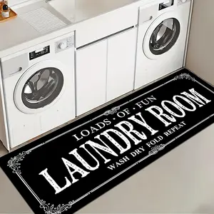 1 Pc Black Background Laundry Room Rug Soft And Comfortable Long Strip Carpet Printed Mat Anti Slip Floor Mat Suitable For Kitchen Living Room Bedroom Sink Laundry Room Decoration Carpet Mat