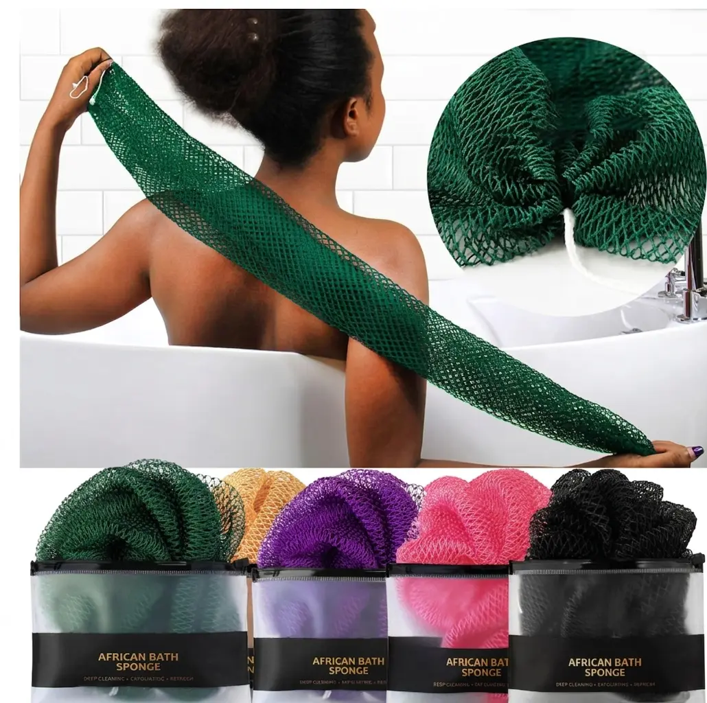 African Exfoliating Shower Sponge Net with Drawstring, Reusable Softening Net Loofah for Deep Cleansing, Exfoliating Back Scrubber and Dead Skin Remover for Men & Women, Exfoliating Net Sponges
