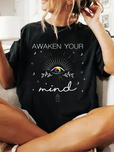 Awaken Your Mind Spiritual Awakening Magical 3rd Eye T-S Print T-Shirt Casual Crew Neck Short Sleeve Comfort Tee Top For Spring & Summer Women's Clothing