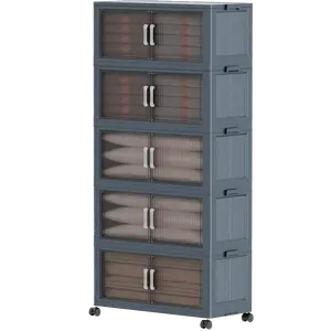 Stackable 5 Tier Collapsible Storage Bins with Rolling Wheels, Plastic Folding Organizer Containers for Easy Storage