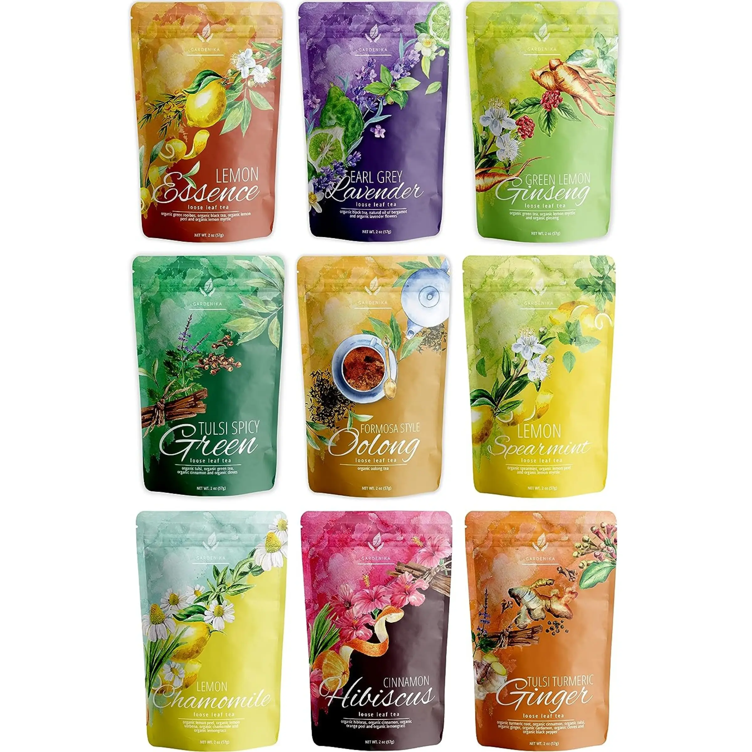 Gardenika Organic Loose Leaf Tea Sampler Box – Herbal, Black and Green Variety Pack – Kosher, No Natural or Artificial Flavors – 9 Pack (18 oz)