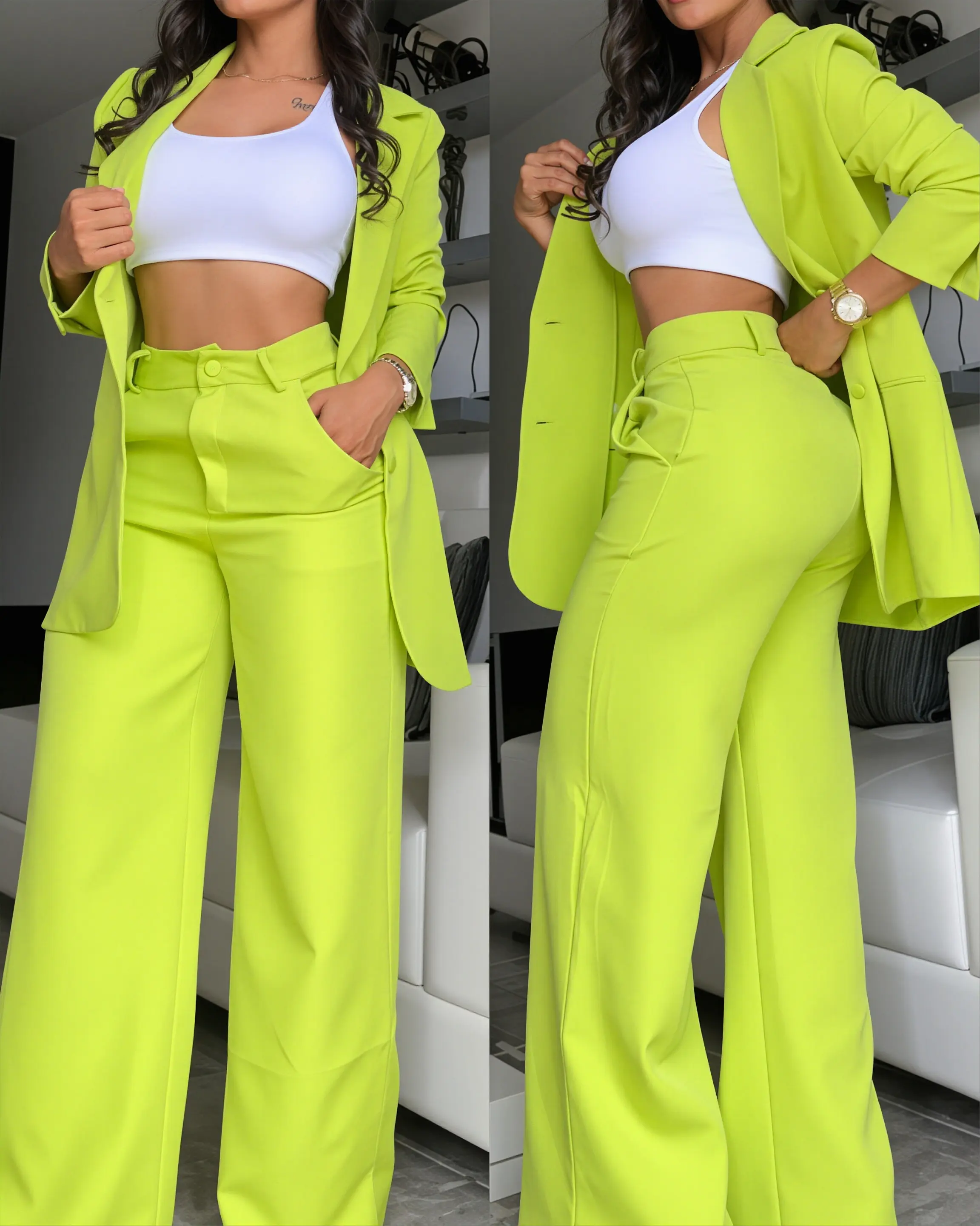Women's 2026 New 2-Piece Suit Set - Lapel Long-Sleeve Blazer + High-Waist Wide-Leg Solid Pants, Casual Business Streetwear for Party, Daily Commute Womenswear Basic