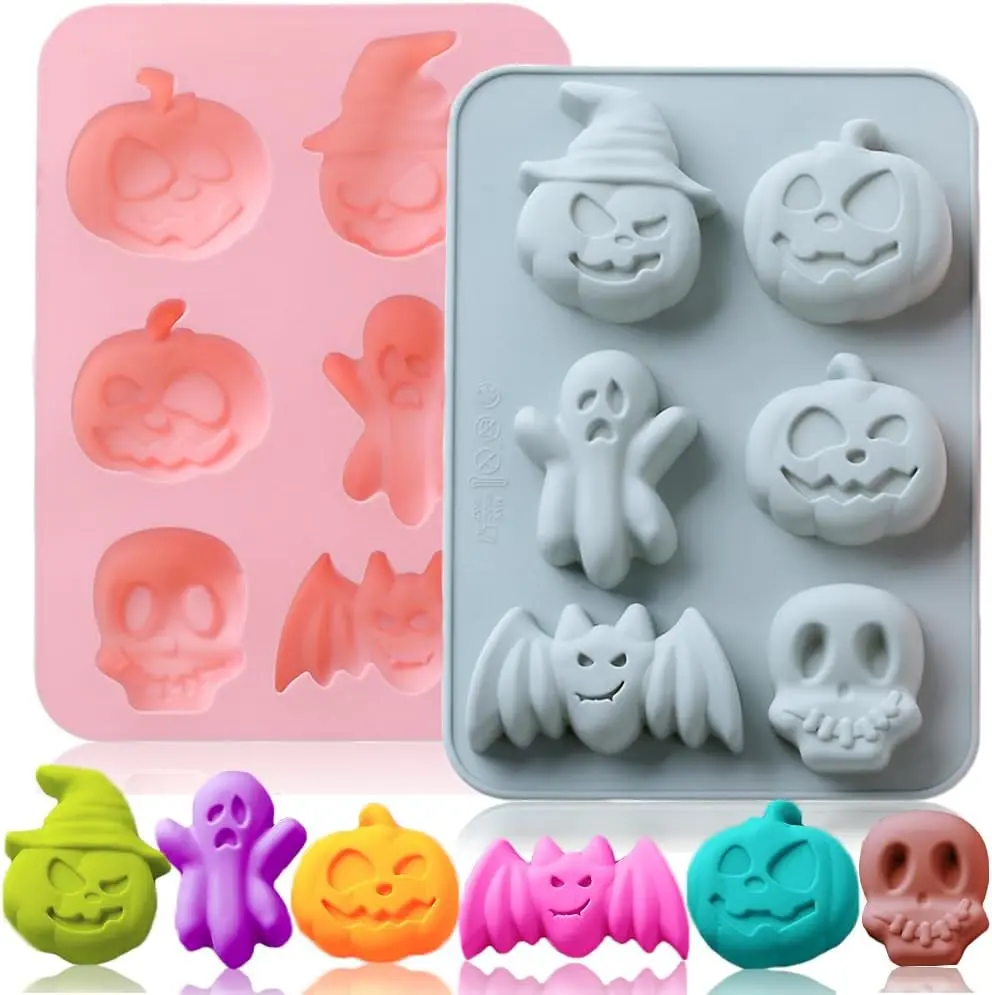 2 Pack Halloween Cake Mold Pumpkin Bat Skull Ghost Shape Mold for Chocolate Candy Gummy Jello Ice Cube Crayon Melt Soap Baking Mold Kit
