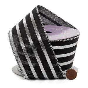 2 1/2" X 10 Yards Silver & Black Striped Metallic Wired Ribbon