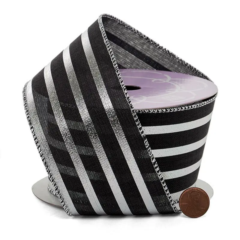 2 1/2" X 10 Yards Silver & Black Striped Metallic Wired Ribbon