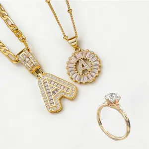 Personalized Sparkle Jewelry Set, 3 Pieces Including Initial Letter Pendant Necklaces and Word Bracelets, 14K Gold Plated Alphabet Necklaces with Adjustable Chain, Stainless Steel Bracelet, Perfect New Year Gift Set