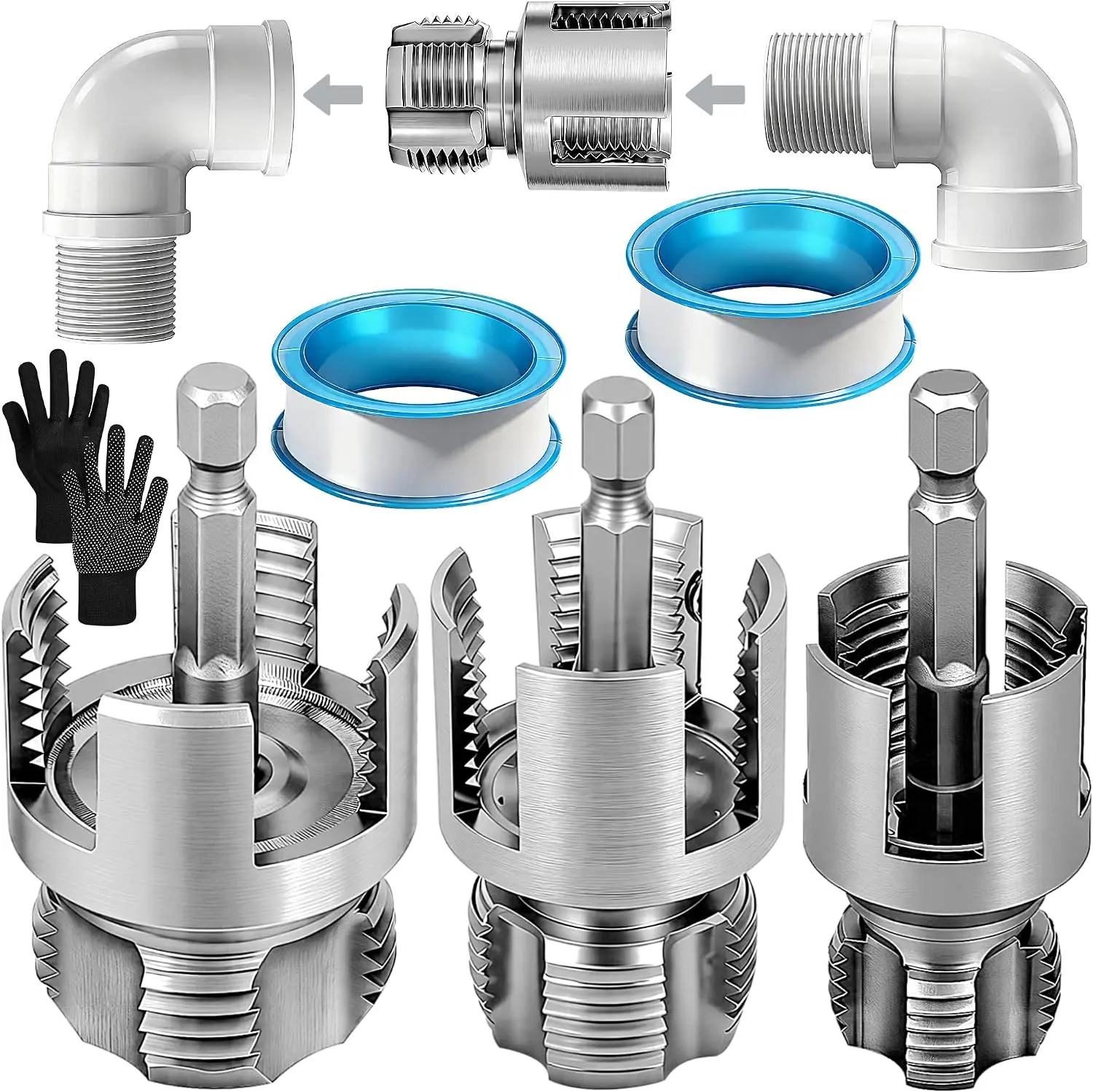 3PCS Carbon Steel Internal & External Pipe Threading Tool Set, 1/2", 3/4", 1" PVC Pipe Threader Kit with Gloves & Tape, Drill-Compatible for Smooth Threading, Plumbing Projects and Home Repairs