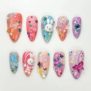 Kawaii Bunny Press On Nails | 3D Cute Rabbit & Star Nails | Rainbow Pastel Swirl Nail Art | Handmade Kawaii Nail | Fun Handmade Nail