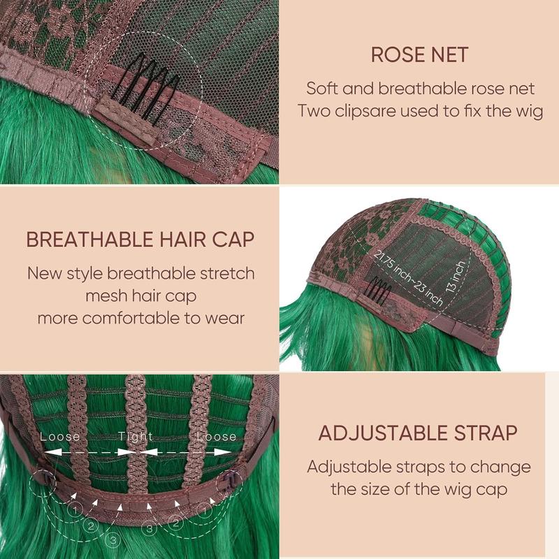 BESTUNG Short Green Wigs for Women Green Wavy Bob Wig with Bangs Medium Length Synthetic Hair Water Wave Dark Roots Wig Gray Colorful Wigs（12inch）