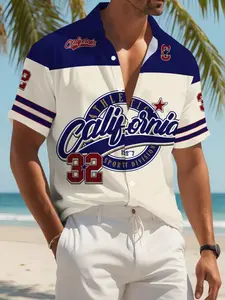 Men's New Casual Stylish Top 3D Blue California Sports Style Button Front Fitted Shirt, All over Print Short Sleeve