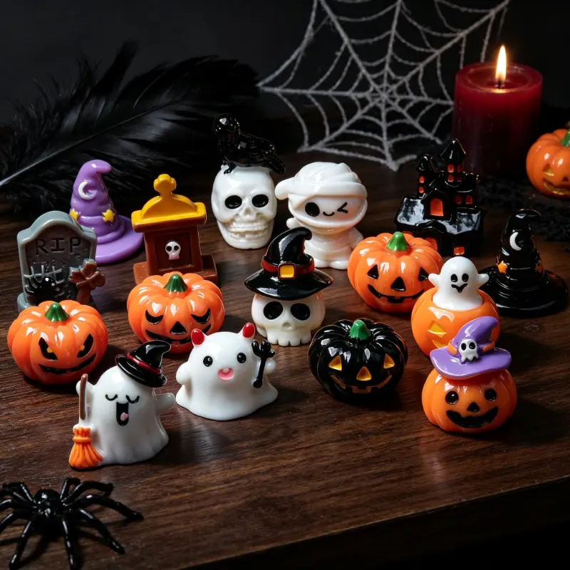 16pcs Halloween Mini Resin Figurines, Ghost Pumpkin Skull Witch Hat Micro Landscape Ornaments, Tiny Cartoon Resin Figures for DIY Crafts, Terrarium Decor, Halloween Party Decorations