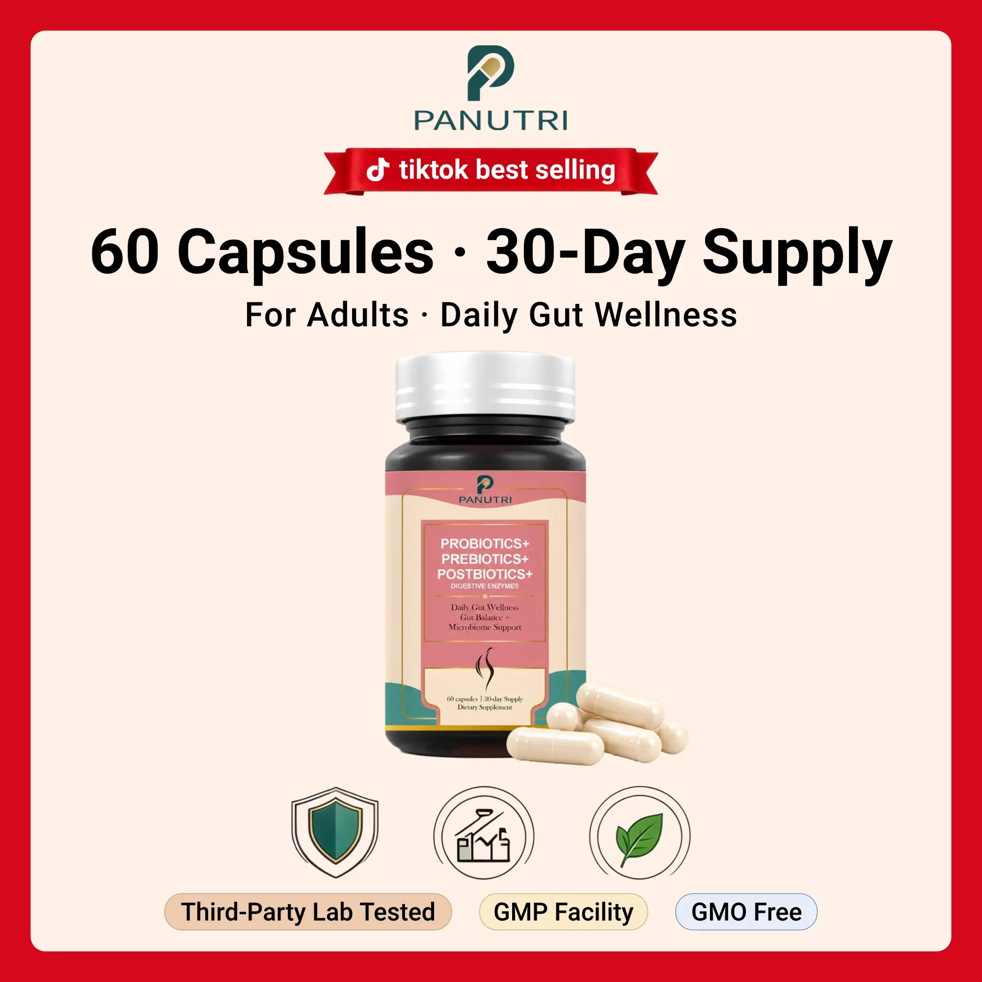PANUTRI Probiotic + Prebiotic Supplement for Adults | 50 Billion CFU, 250mg, 60 Capsules | Bifidobacterium Bifidum, Digestive Enzymes, Zinc, Vitamin D3 & Fiber | Daily Gut Health & Nutrient Absorption Support | Gluten-Free