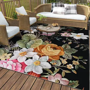 Floral Pattern Outdoor Rug, Waterproof Reversible Patio Rug, Indoor Outdoor Area Rug for Deck, Balcony, Picnic, Beach Decor