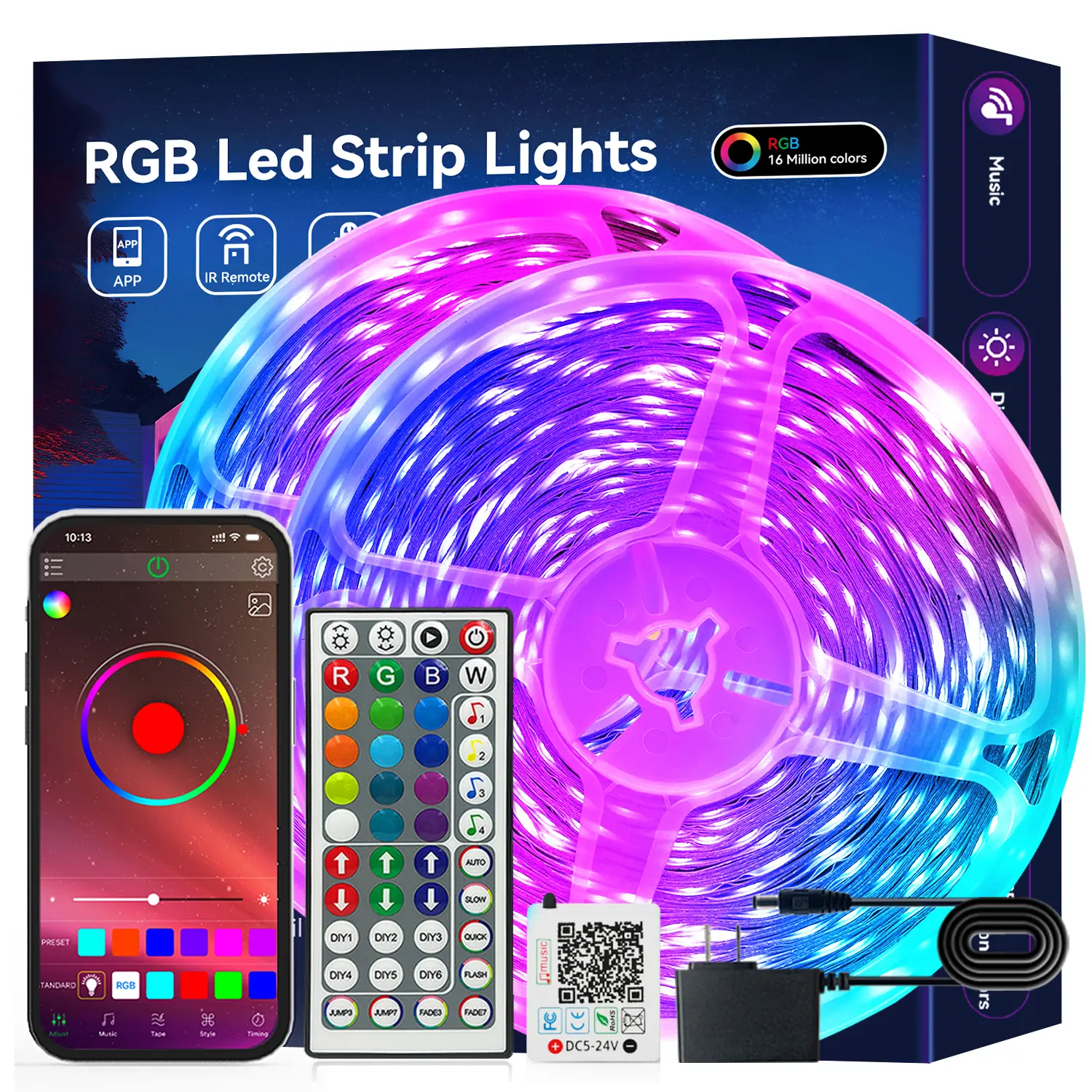 Smart RGB LED Strip Lights with Music Sync, App & 44-Key Remote Control – Available in 100FT / 50FT / 32.8FT / 9.84FT – Color Changing Lights for Bedroom, Christmas, Home Decor Multicolor Led Lighting