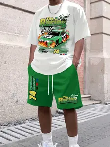 Miami Men’s Racing Graphic 2-Piece Outfit, Micro-Elastic Polyester, "The Racing" Car Print Tee & Shorts, Casual Streetwear, Ideal for Game Day & Miami Soccer Hangouts, Viral Summer Set