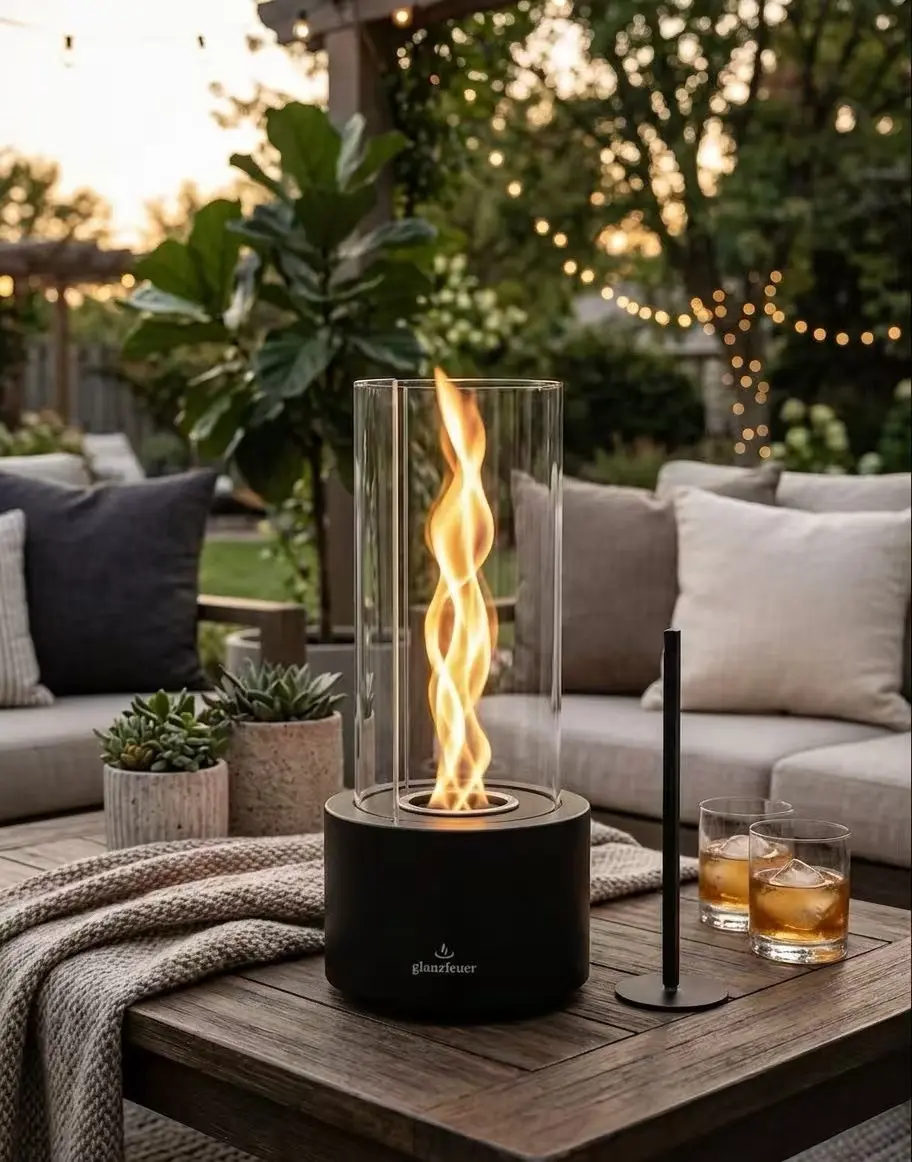Matte Black Modern Tabletop Patio Fire Pit - 3-Piece Glass Cylinder Portable Eco-Friendly Dual-Use Bioethanol Fireplace Bowl for Outdoor Heating, Indoor Cozy Festive Decor