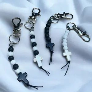 Black & White Stone Cross Keychain, Handmade, multiple Designs Available, Religious Faith Christianity Pendent