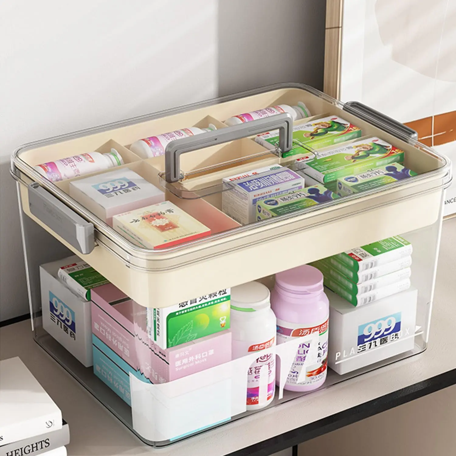 Transparent Plastic Pill Organizer with Buckle, Compartmentalized Lid, Multi-Layer Compartments, Handles - White Health Medical First Aid Storage Box (With Compartments Dispenser), Compartmentalized Lid Pill Dispensers, With Compartments Pill Dispensers