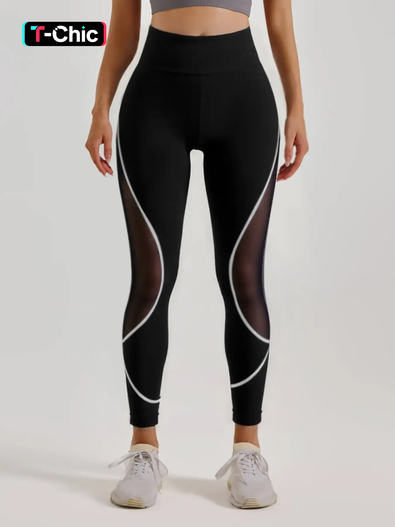 Women's Patchwork Side Mesh Sports Leggings, High Waist Yoga Leggings, Ladies Sportswear for Indoor Outdoor Wear, Athleisure Fitness Leggings, Stretchy Workout Leggings