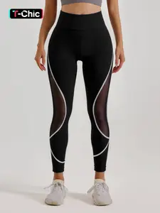 Women's Patchwork Side Mesh Sports Leggings, High Waist Yoga Leggings, Ladies Sportswear for Indoor Outdoor Wear, Athleisure Fitness Leggings, Stretchy Workout Leggings
