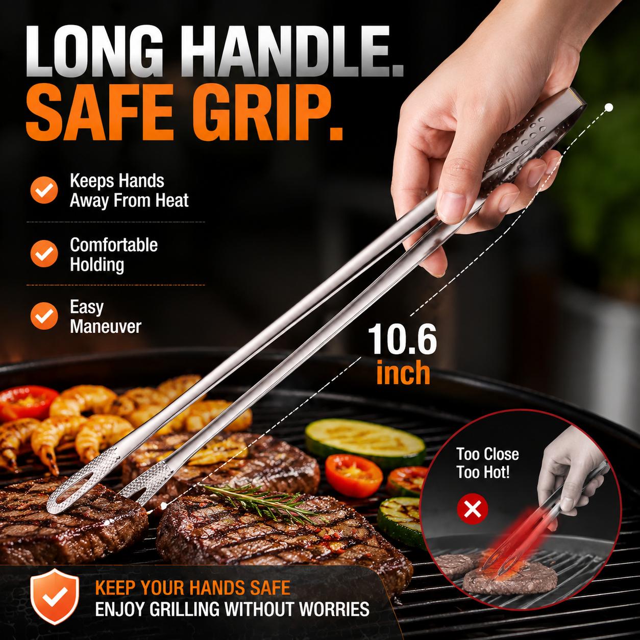 Premium 304 Stainless Steel BBQ Tongs, 10.6 Inch Long Handle Grill Tongs with Anti-Slip Hollow Grip Design, Food Grade Cooking Tongs for Steak, Seafood & Outdoor BBQ