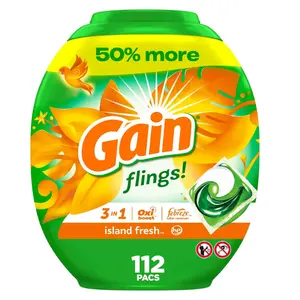 Gain Flings Liquid Laundry Detergent, Island Fresh Scent, 112 Count, HE Compatible