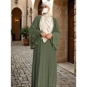 Women's Solid Color Pleated Dress, Modest Long Sleeve Muslim Dress for Daily Wear, Ladies Islamic Clothing for All Seasons, Modest Dress