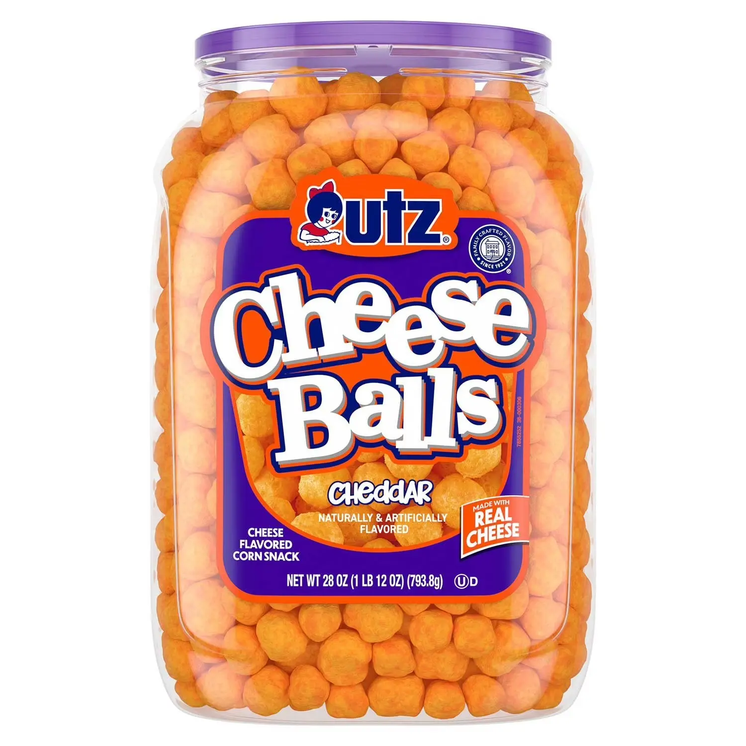 Utz Cheeseball Barrel 28 oz Cheddar Flavored Corn Snack with Real Cheese for Natural & Artificially Flavored Snacking