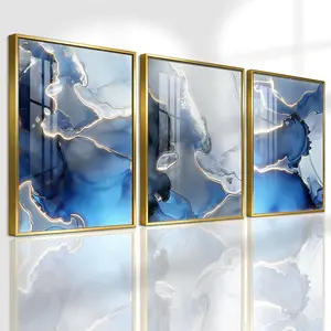 3 Counts Aluminum Alloy Framed Painting, Blue Abstract Fluid Art Pictures, Home Decoration For Living Room, Bedroom, Office, Restaurant, Hallway Wall Decor, Odorless Print Artwork, Luxury Perfect Gift For Friends And Family