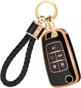 for Buick Chevy Key Fob Cover with Keychain, Key Fob Case Cover Fits for Buick Encore Chevrolet Chevy Equinox Cruze Camaro Impala GMC Terrain Car Accessories Flip Smart Key, Black