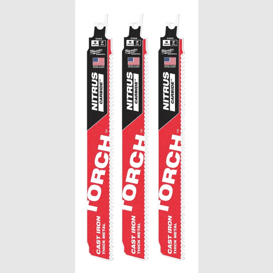 Milwaukee 48-00-5362 SAWZALL Blade Set, 3PC 9" 8 TPI Torch Cast Iron Blades for Demolition, Thick Metals, Rebar/Steel, 5x Life Compared to Carbide Teeth