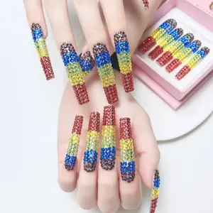 Nailrosy 10Pcs Handmade Reusable Stylish Acrylic Press-On Nails, Floral Embellished Rhinestone Glitter Long Square Multicolor Nails, USA-Shipped with Gift Box for Women’s Festivals, Parties, Glitter Nails