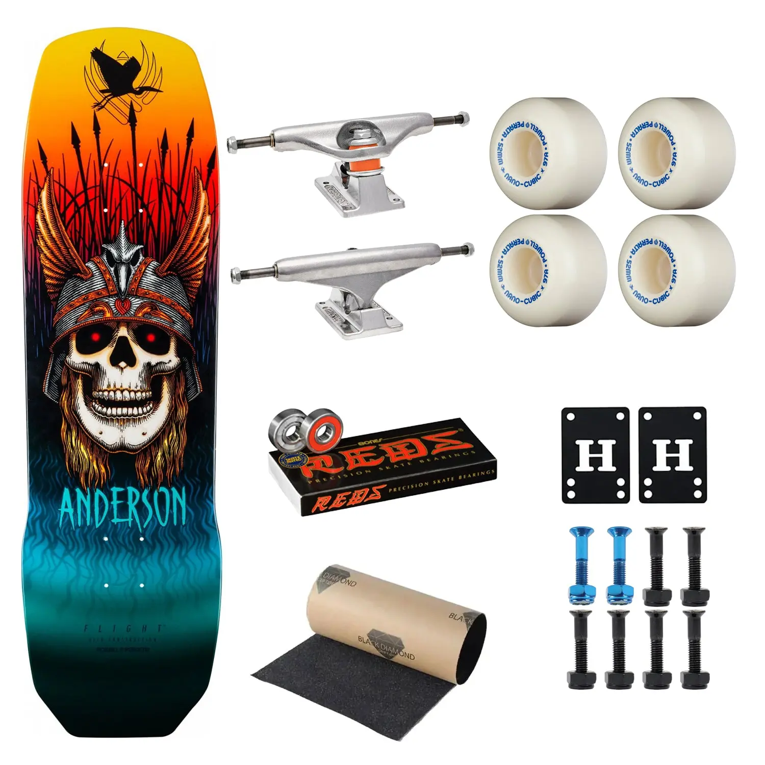 Powell Peralta Skateboard Andy Anderson Heron Skull Flight 9.13" Premium Independent + Dragon Formula Complete Kit