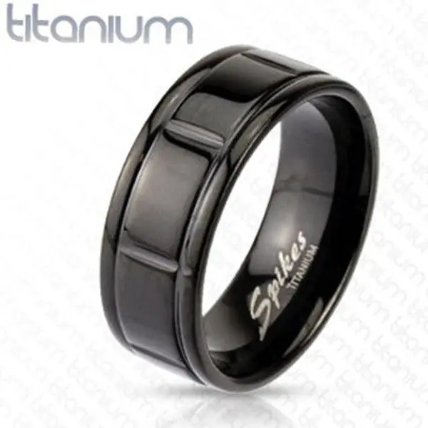 8mm Box Grooved Solid Titanium Black IP Band Men's Ring