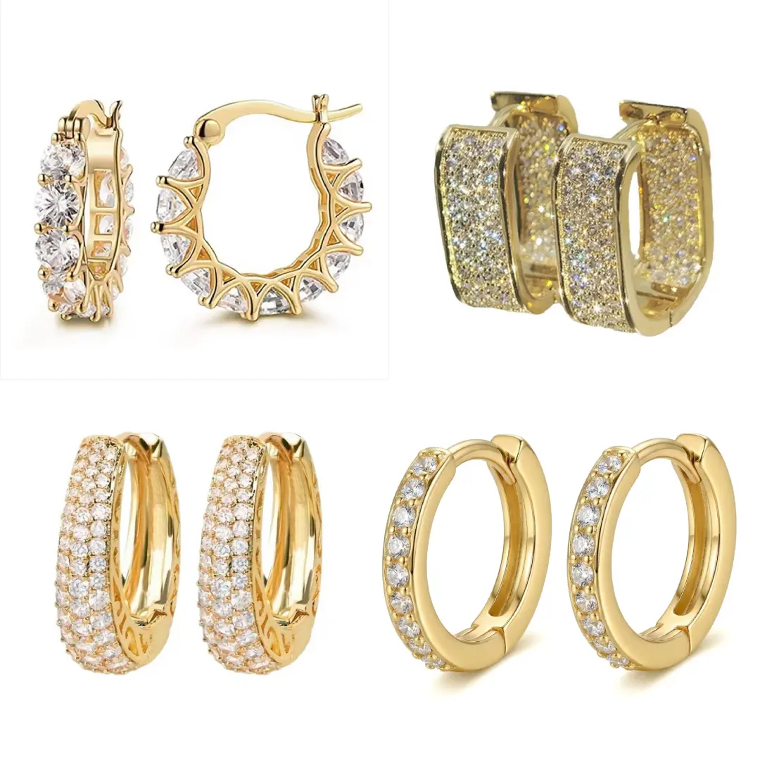 4Pairs Gold Paved Cubic Zirconia Hoop Earrings Set, Round & Square Crystal Huggie Hoops, Hypoallergenic Fashion Piercing Jewelry, Sparkly Diamond Stud Earrings for Women Daily Wear