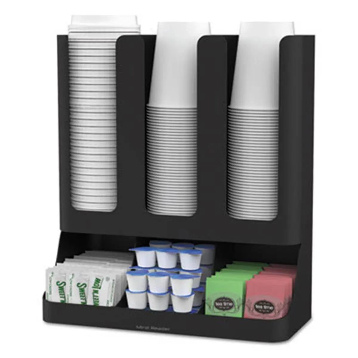 Mind Reader Sturdy 6-Compartment Plastic Upright Coffee Condiment & Coffee Cup Organizer - Black, Open-View Design, Rubber-Grip Base, 15.0"h x 11.5"w x 6.5"d, for Kitchen Food & Beverage Storage (Sugars, Stirrers, Napkins), Coffee Cups