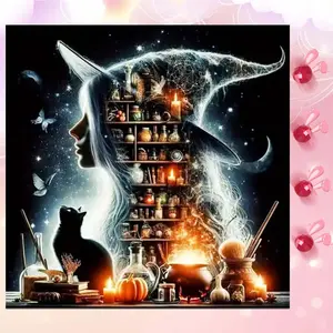 5D DIY Full Drill Round Diamond Painting Kits - Diamond Art Kit Wizard Hat, Bookshelf, Black Cat Mosaic, Canvas - DIY Decorative Painting, Home Wall Decor, Suitable for Halloween and Christmas, Birthday and Anniversary Gifts