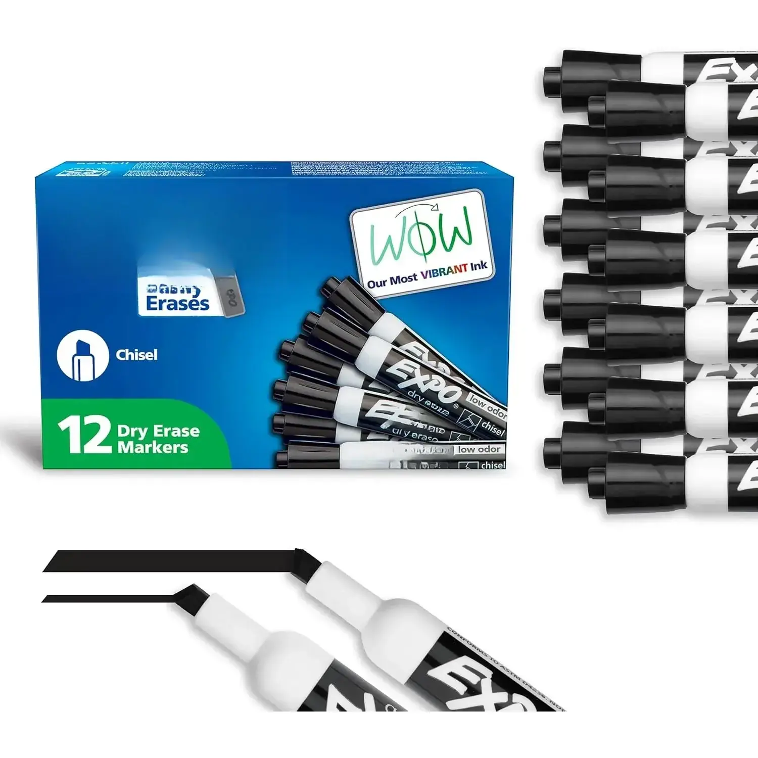 Dry Erase Markers, Low Odor Vibrant Ink, Black Chisel Tip, 12 Count - Easily and Cleanly Erases, Versatile Office School Supplies for Whiteboard Calendar Organization, Low Odor Ink