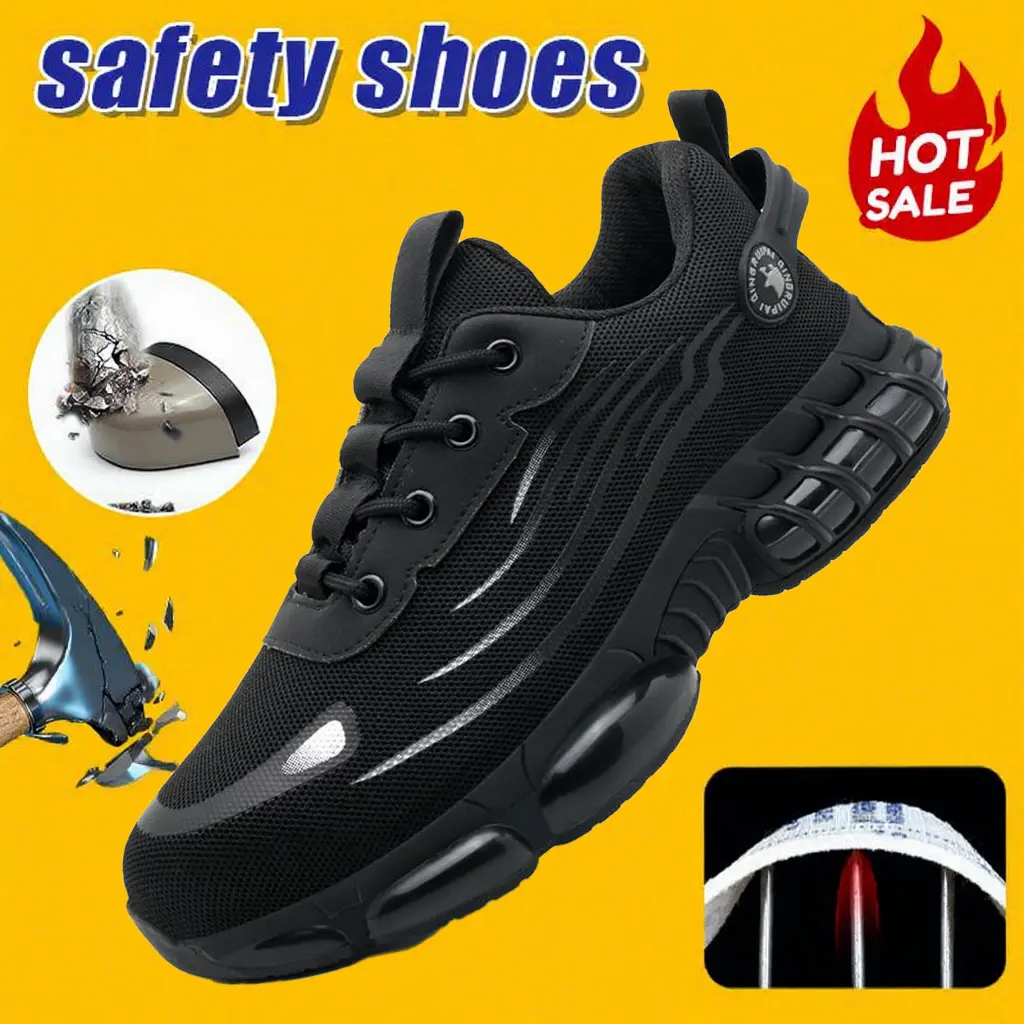 Men's Steel Toe Safety Shoes, Casual Round Toe Striped Slip-On Work Sneakers, Breathable Mesh Anti-Slip Footwear, Design, Chic